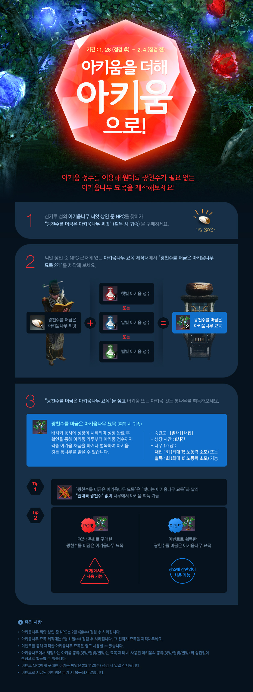 아키움 정수를 이용해 원대륙 광천수가 필요없는 아키움나무 묘목을 제작해보세요.